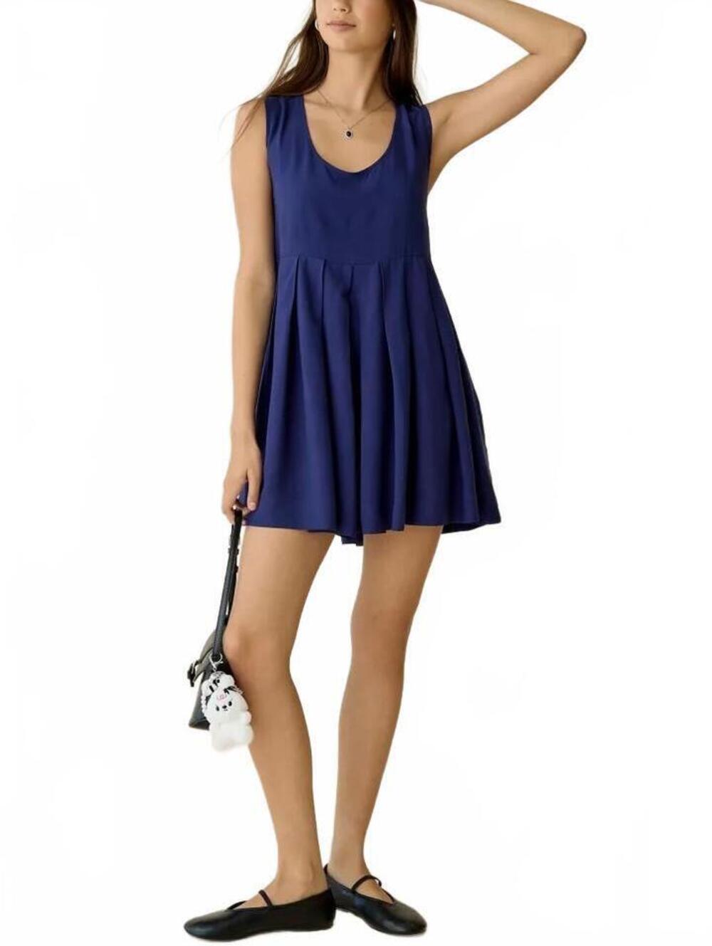 UO Popover Pleated Babydoll Mini Dress Urban Outfitter Navy Small